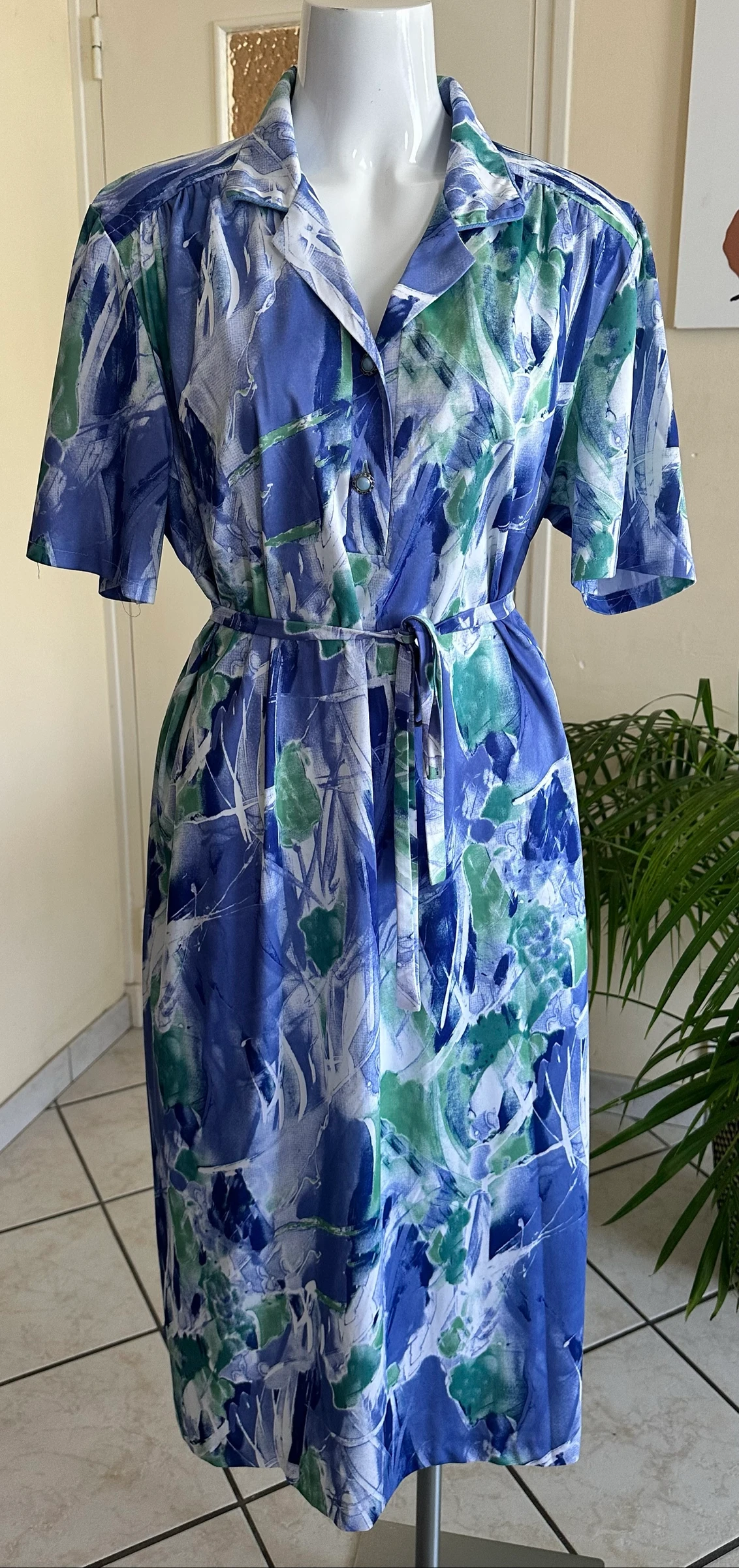 Vestido vintage con cinturón a juego talla 48/50 – Estado impecable – Azul y verde – photo 3